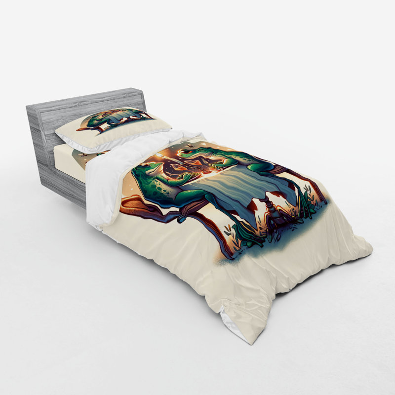Fern Green and White Frog Print Twin-XL Duvet Cover Set