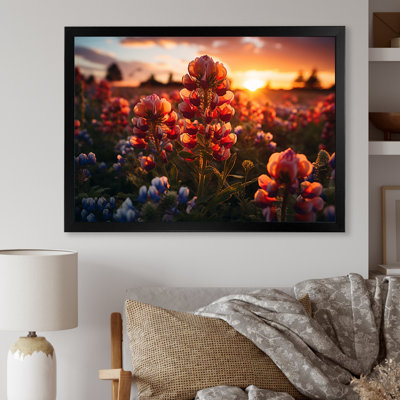 «Red Bonnets Field With Orange Sunset - Blue Bonnets», reproduction d'art sur toile FDP107240