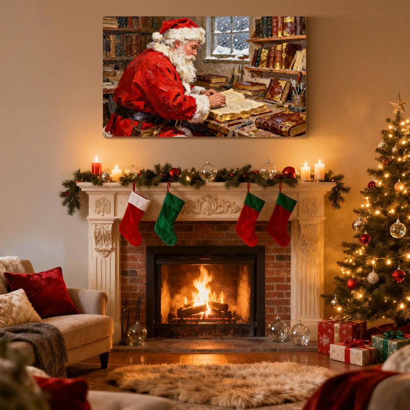 Noël, père Noël, lecture de lettres dans un atelier, ensemble de 3 impressions sur toile, H 20 po x l 30 po