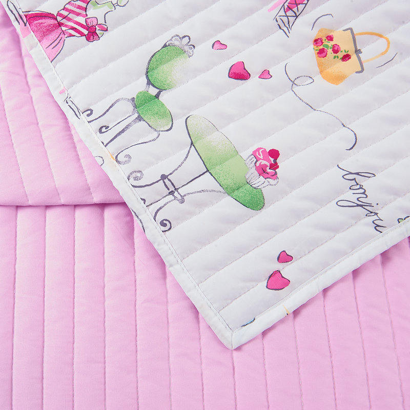 Ensemble de courtepointe réversible en microfibre rose Pretty in Paris, Twin Quilt + 1 Pillow Sham