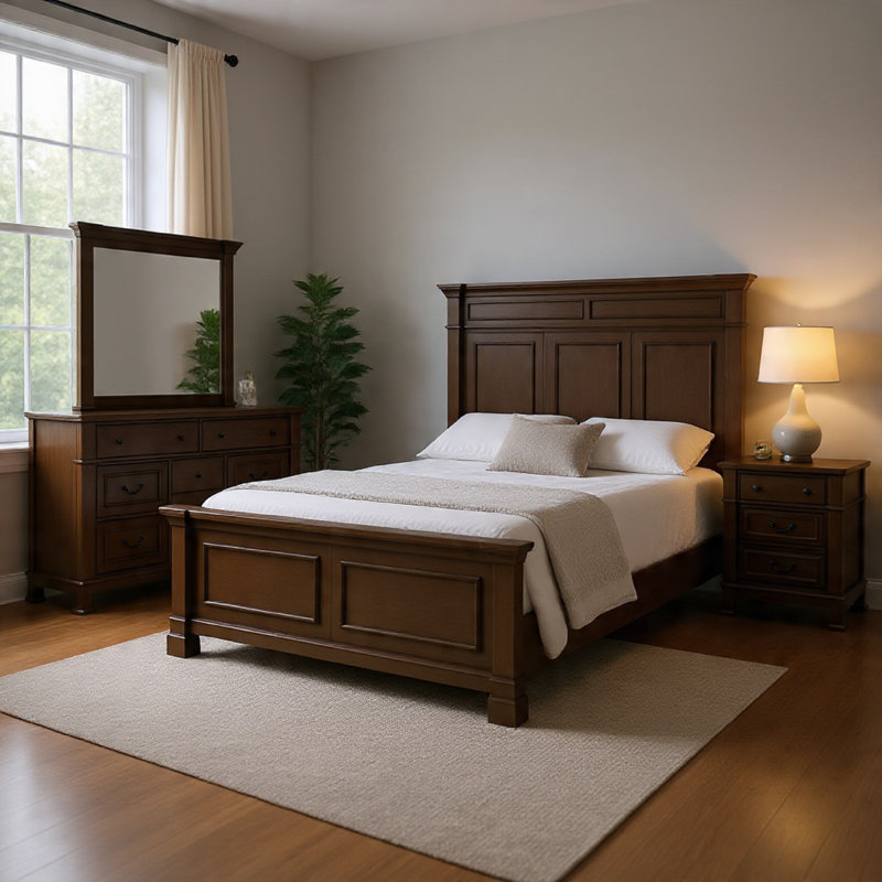 Ensemble de chambre à coucher pour grand lit 4 pièces Huder, tête de lit haute sculptée, brun noyer foncé