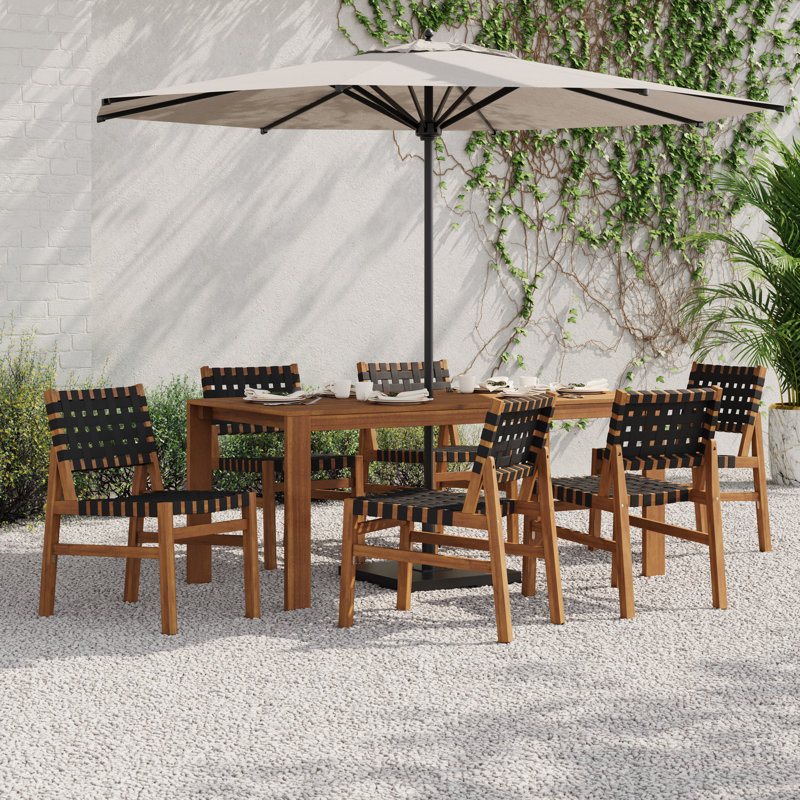 Patio 7-Piece Acacia Wood Dining Set With Slatted Table & Woven Straps, 6, Black Rope/Teak