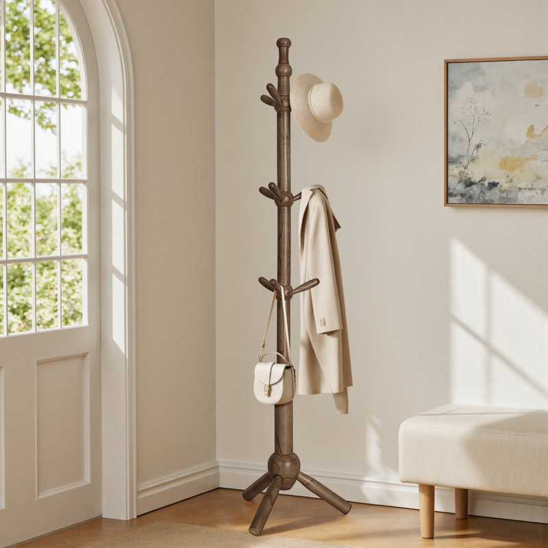 9-Hook Solid Wood Freestanding Coat Rack with 3 Adjustable Heights