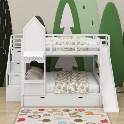 Full Over Full Bunk Bed With Drawers，Shelves And Slide