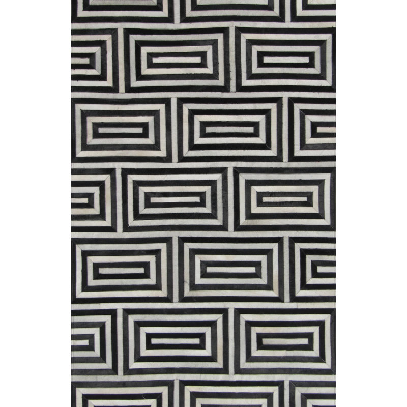 Area Cowhide Geometric Area Rug in Black/Off White/Cream, Rectangle 9' x 12'