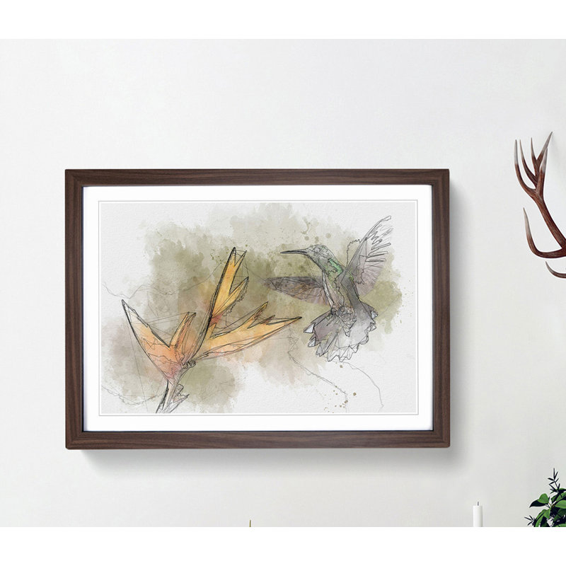 Hummingbird by a Flower in Abstract - Framed Print, 60cm H x 91cm W x 2cm D, Walnut