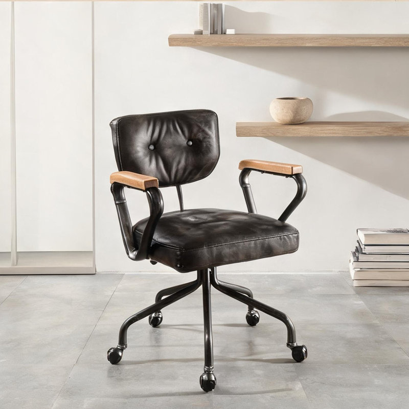 Vintage Tufted Executive Office Chair - Top Grain Leather, Swivel, Fixed Armrests, Metal Base, 25x24x32 Inches