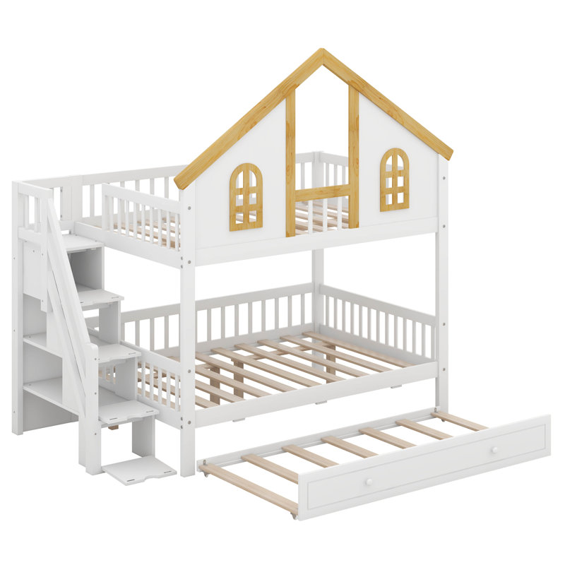 Full Size Wooden House-Style Bunk Bed With Window Door And Roof, Storage Staircase And Trundle