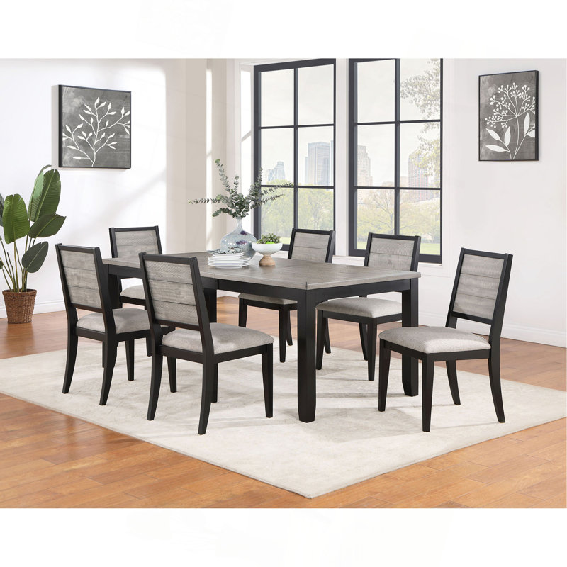 Grey And Black Dining Table Set, 7 Pieces: Table, 6 Chairs