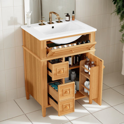 Meuble-lavabo de 24 po avec lavabo, armoire de rangement en bois massif, ensemble de meuble-lavabo autoportant avec tiroir rabattable, 2 tiroirs à fermeture en douceur et 1 porte à fermeture en douceur