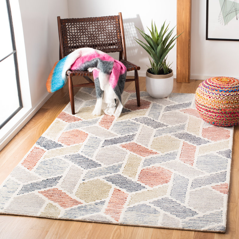 Milesburg Precious Hand Tufted Wool/Cotton Geometric Rug in Blue/Rust, Rectangle 5' x 8'