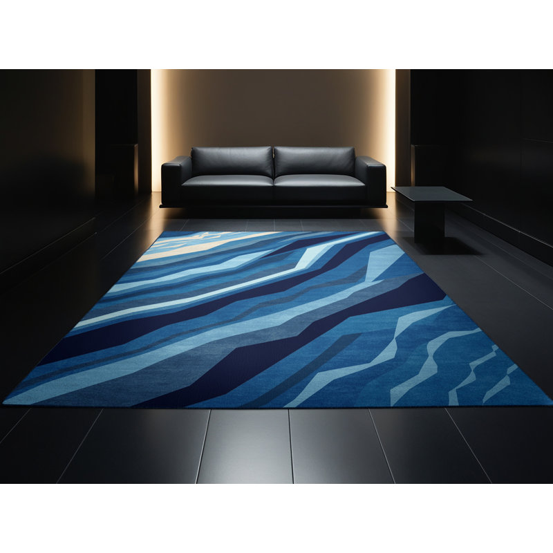 Machine Washable Newberry Enlil Modern & Contemporary Geometric Rug in Blue – Navy Binding, 2x3