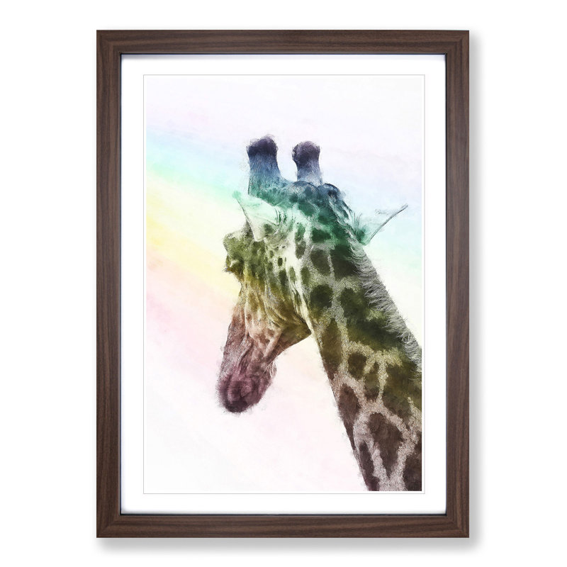Giraffe Facing the Rainbow - Picture Frame Painting Print, 63cm H x 45cm W x 2cm D, Walnut Framed