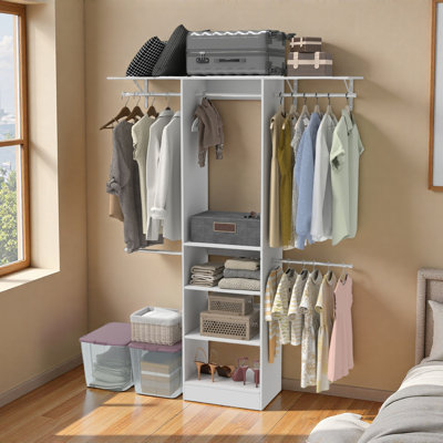 Closet System, Walk-In Organizer with Adjustable Shelves & 5 Expandable Rods, 3-5Ft