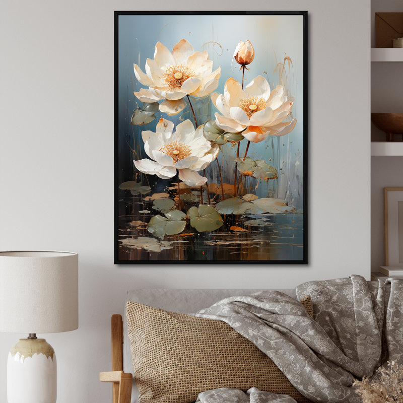 Élégance en fleurs de lotus sur toile, H 32 po x l 24 po x P 1 po, Cadre flottant noir