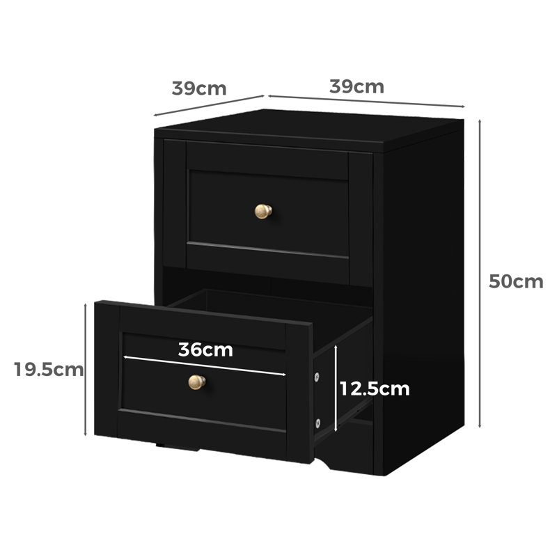 Jene 2 Drawer Bedside Table, Black
