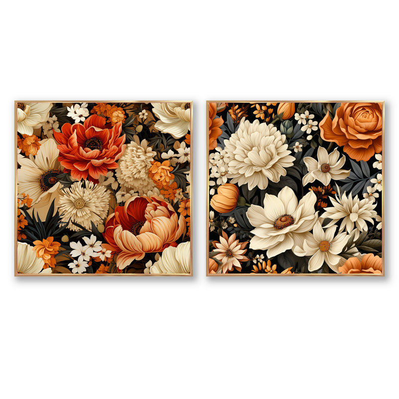 Autumn Cottage Flowers, H 16 po x l 33 po, Cadre flottant doré