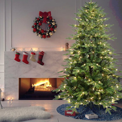 Arbre de Noël 7,5 pi en PVC + PE avec 450 lumières UL chaudes - 2856 pointes, branches articulées, aiguilles réalistes, support en métal robuste, assemblage facile