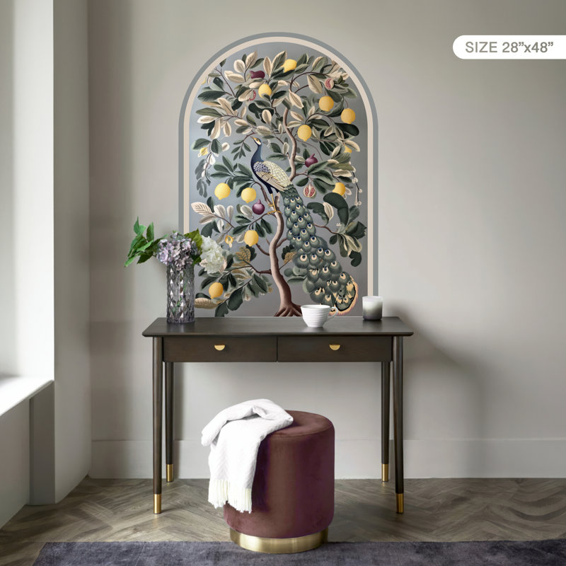 Peacock in Lemon & Fig Tree Peel and Stick Wall Decal - Arched Removable Wallpaper Mural, 48" H x 28" W