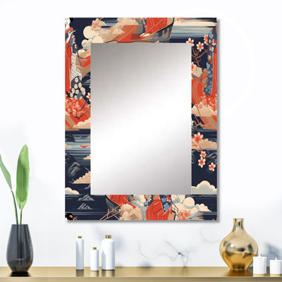 Ukiyo femme japonaise en rétro vagues I - grand miroir mural femme, miroir décoratif rouge, impression d'art en métal