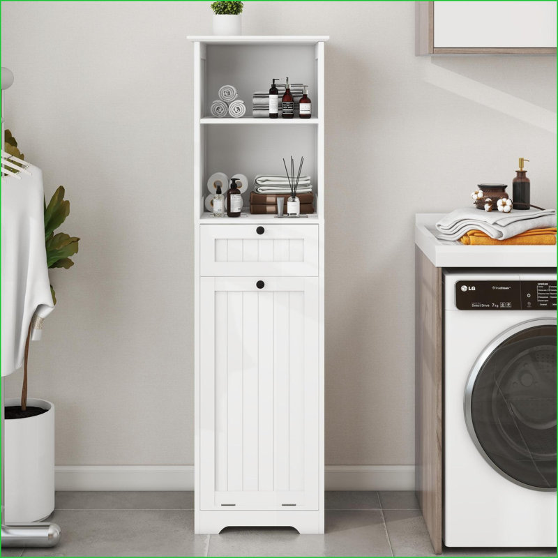 Armoire de tri du linge, panneau de fibres à densité moyenne blanc E1 avec compartiment inclinable Tiroir | Minimaliste | Salle de lavage