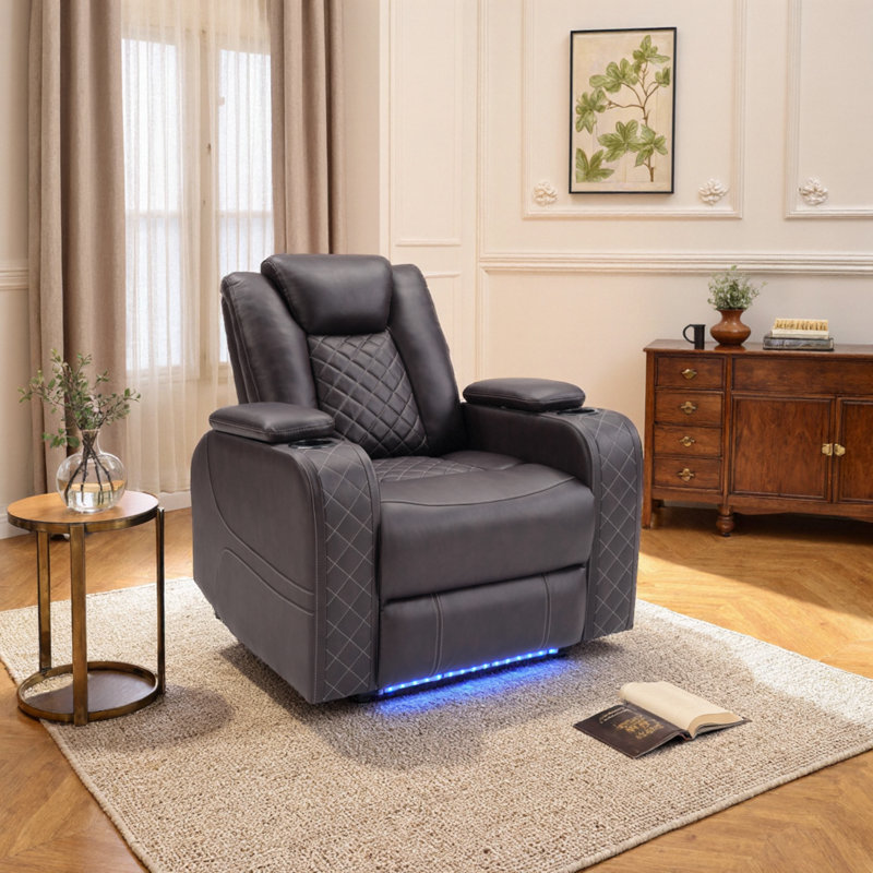 36.2" Wide Modern Vegan Leather  Home Theater Power Recliner With Cup Holder, USB Charging & Storage