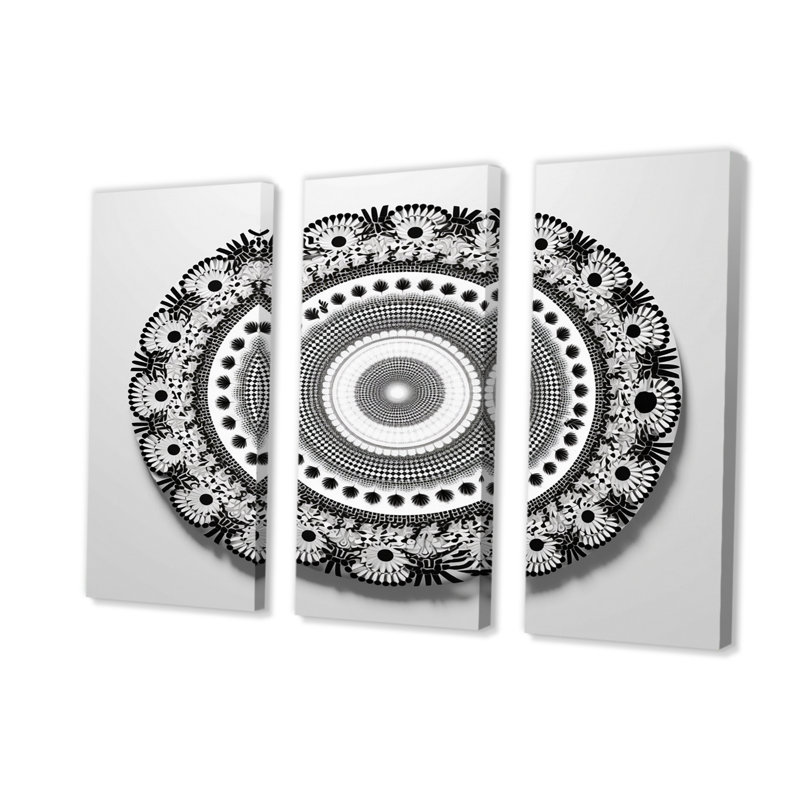 Mandala sacré en noir et blanc rétro - ensemble d'art mural toile boho mandala, H 40 po x l 60 po x P 1 po