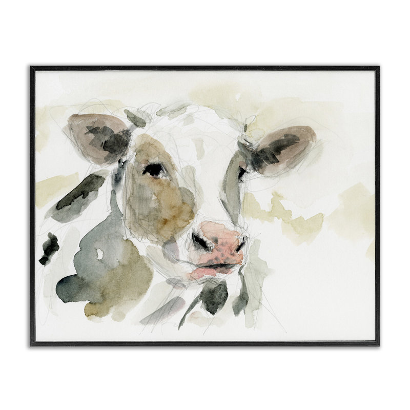 Reproduction giclée encadrée « Vache » de Victoria Barnes, dans un style aquarelle douce, H 24 po x l 30 po