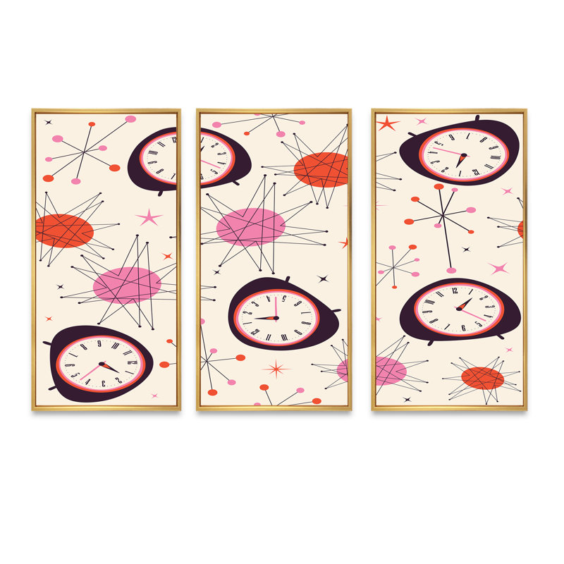 Funky Midcentury Clocks - 3 pièces, reproduction sur toile, Cadre doré, H 32 po x l 48 po x P 1 po