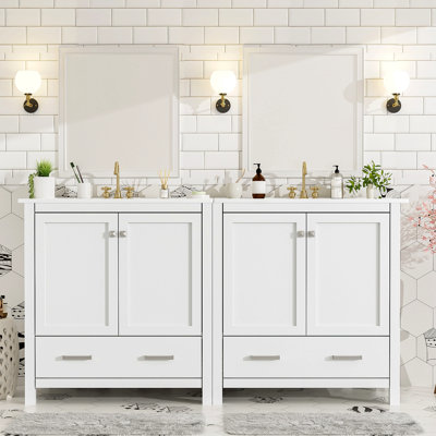 Ensemble de meuble-lavabo 60 po avec lavabos doubles (séparés), lavabos doubles en céramique, étagère de rangement et tiroirs séparés (miroir non inclus) - Solution de salle de bain moderne pour salles de bain spacieuses