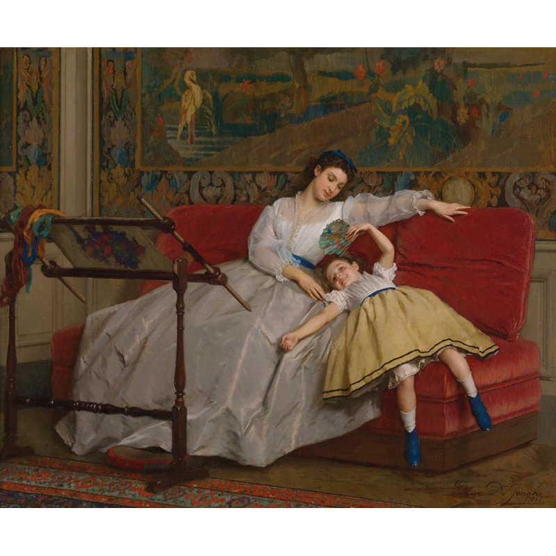 «Mother with Her Young Daughter» par Gustave Léonard De Jonghe, reproduction d'art sur toile tendue, H 40 po x l 28 po