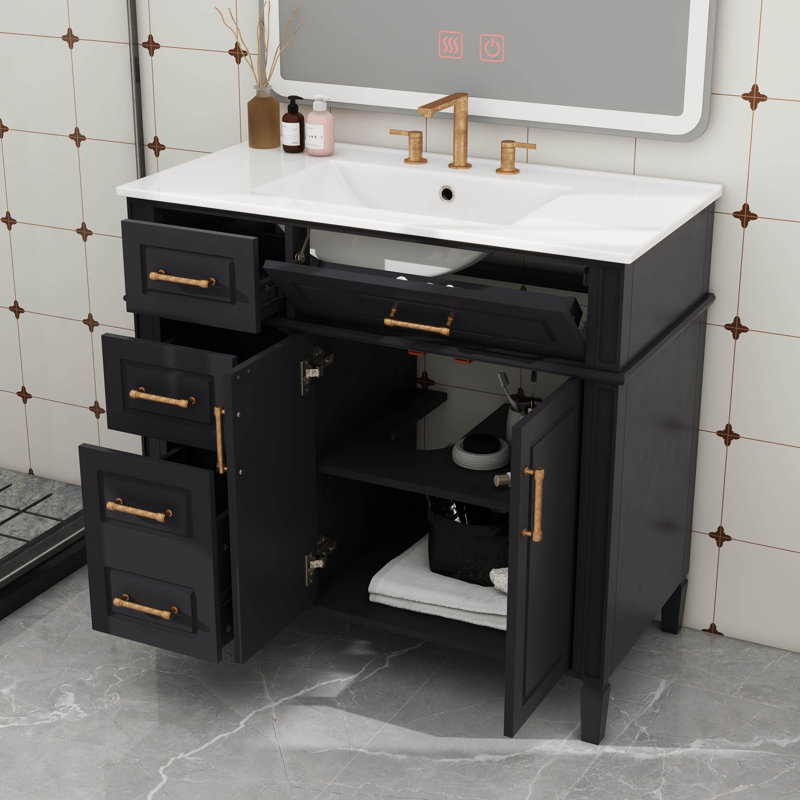 Meuble-lavabo de 36 pouces avec lavabo intégré, lavabo simple comprenant 4 tiroirs (1 tiroir rabattable inclus), 2 portes et une tablette réglable