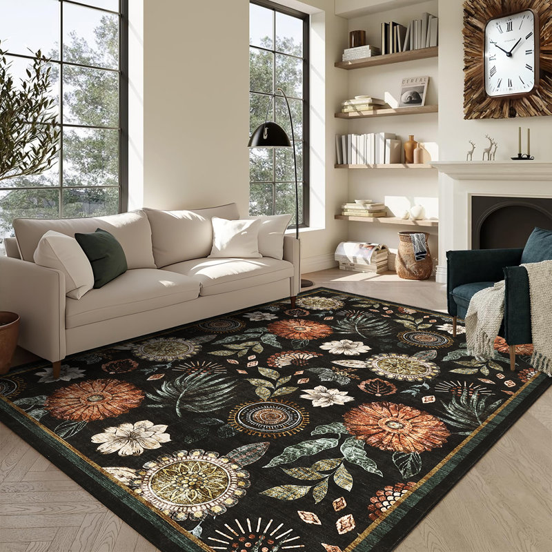 Floral Machine Washable Rug with Non Slip TPR Backing, Non Shedding Soft Low Pile Rug for Living Room Bedroom Nursery