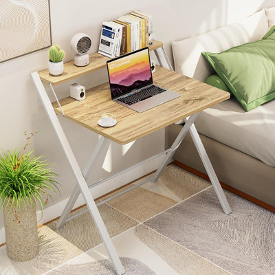 Bureau d'ordinateur pliable avec tablette - aucun assemblage requis, conception à 2 niveaux peu encombrante pour le bureau à domicile, les petits espaces, les pieds en métal portatifs et robustes en forme de X