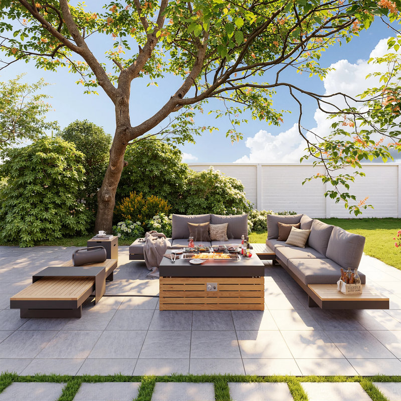 Ensemble de 5 meubles de patio modulaires en teck avec foyer sans fumée pour 6 personnes en gris, Gris