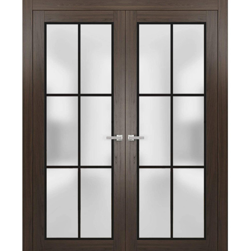 Portes françaises doubles solides | Verre givré Planum 2122 | Garnitures de cadre en bois massif | Portes robustes de chambre à coucher pour garde-robe