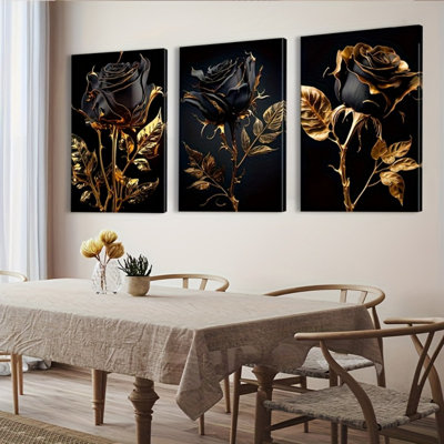 Impression sur toile 3 pièces Glam Black & Gold Rose pour un espace de vie moderne
