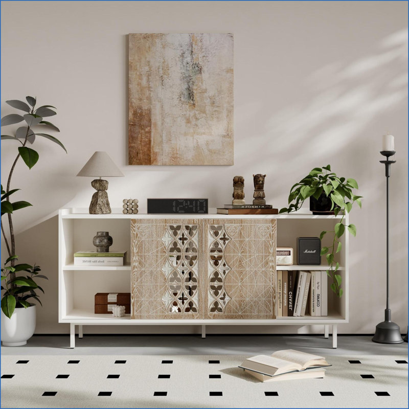 Buffets avec deux portes, armoire de rangement en bois massif rustique, style antique | Tablettes incluses