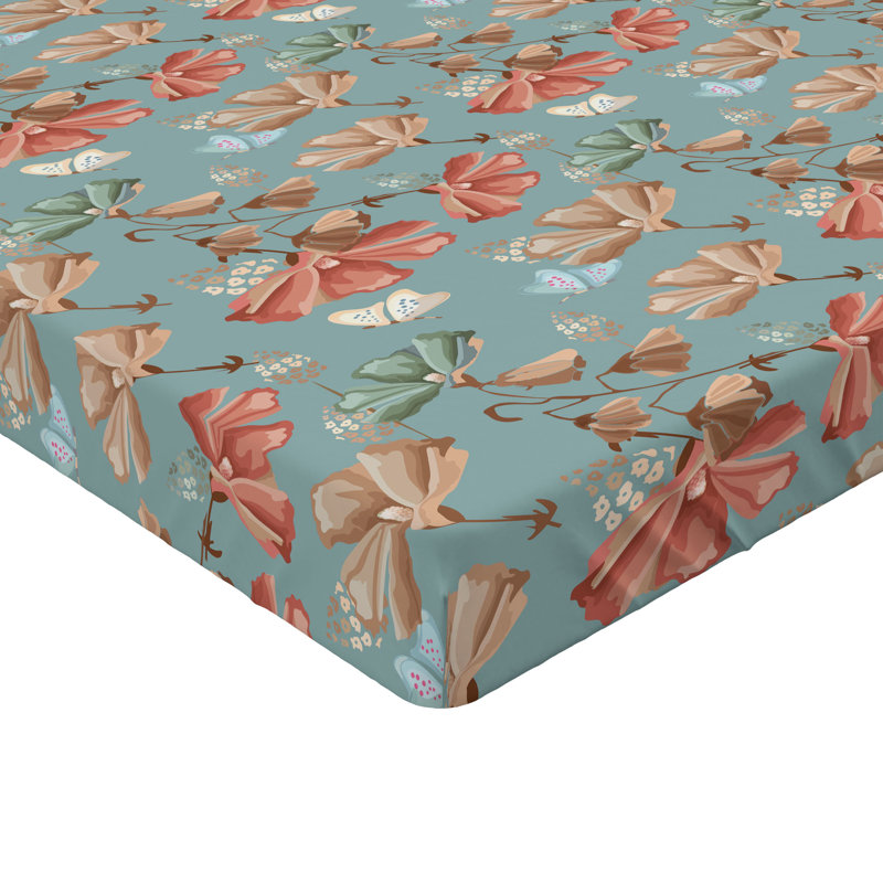 Drap-housse à motif floral Ambesonne, Drap-housse de taille très grand, Bleu sarcelle pâle, terre d'ombre, saumon / flora