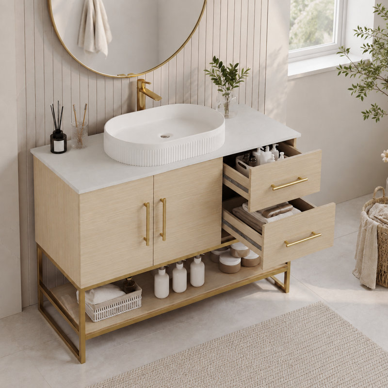 Meuble-lavabo sur pied de 91 cm (36 po) avec lavabo en céramique, cadre doré, 2 tiroirs, placard et tablette ouverte