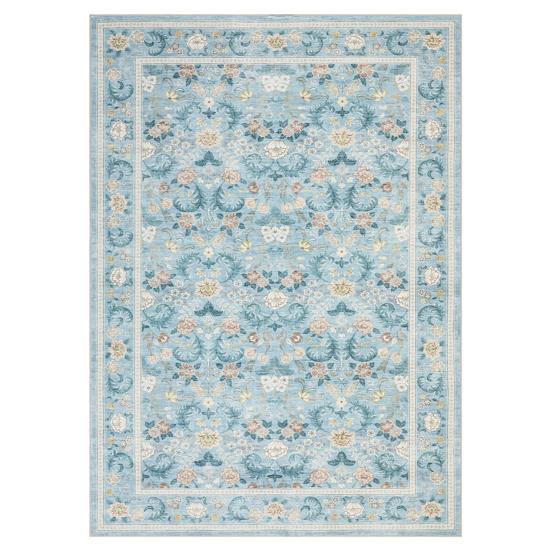 Vintage Floral 5x7 Washable Rug for Entryway Indoor, Oriental Distressed Living Room Rug with Non Slip Backing, Stain Resistant Farmhouse Area Rug