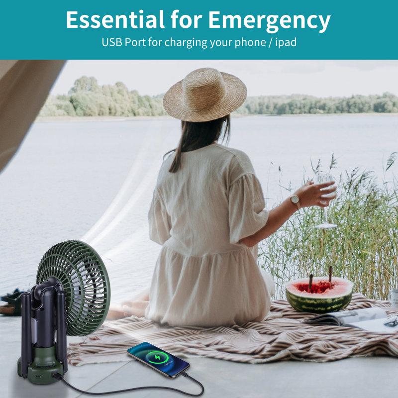 Oscillating Camping Fan With LED Lantern, 10400Mah Battery Operated Portable Fan, Green