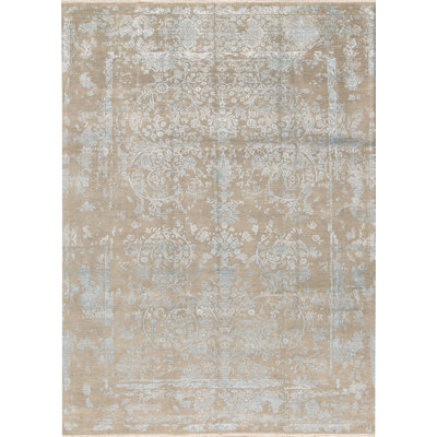 Tapis argenté et turquoise noué à la main de haute qualité