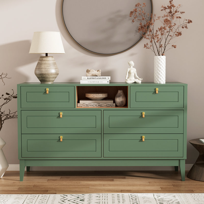 Commode 6 tiroirs l 47,2 po avec tablette ouverte et poignées en cuir véritable vert sauge, Vert