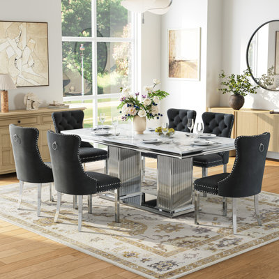 Metal And Faux Marble Rectangular Dining Table With 6 Velvet Upholstered Nailhead Dining Chair