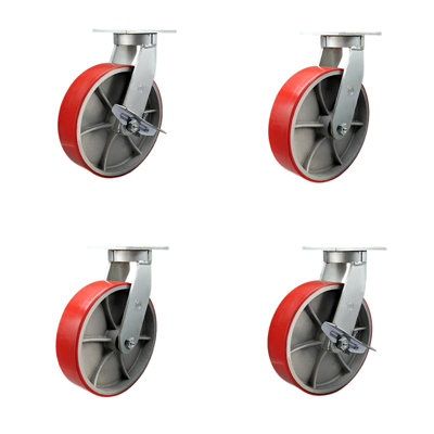 Heavy Duty Poly on Cast Iron Caster Set 2 Swivel Lock 2 Brakes SCC