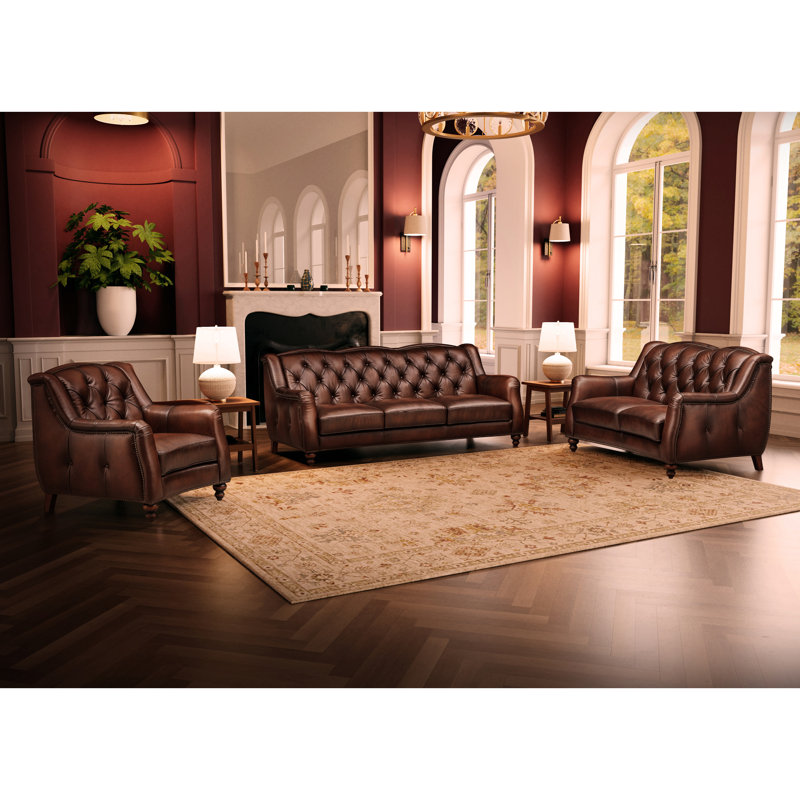 Hamptons 100% Top Grain Leather Sofa with Diamond Tufted Back & Nailhead Trim