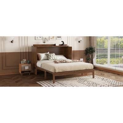 Lit escamotable en pin avec armoire et panneau de décoration en rotin