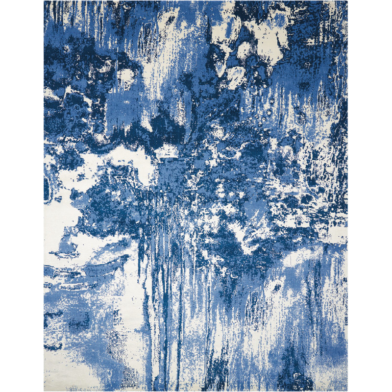 Tapis abstrait bleu / ivoire Haseltine, Rectangle 7 pi 9 po x 9 pi 9 po