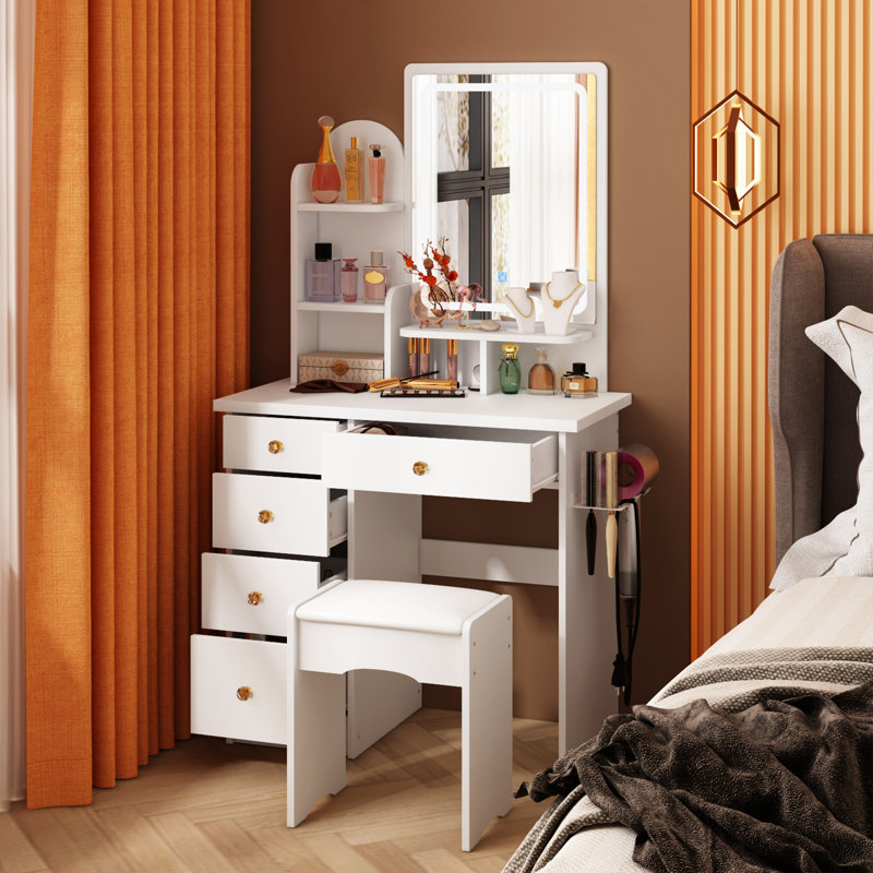Ensemble de meuble-lavabo à maquillage H 55,1 po avec douille, lumière DEL, tabouret Framingham